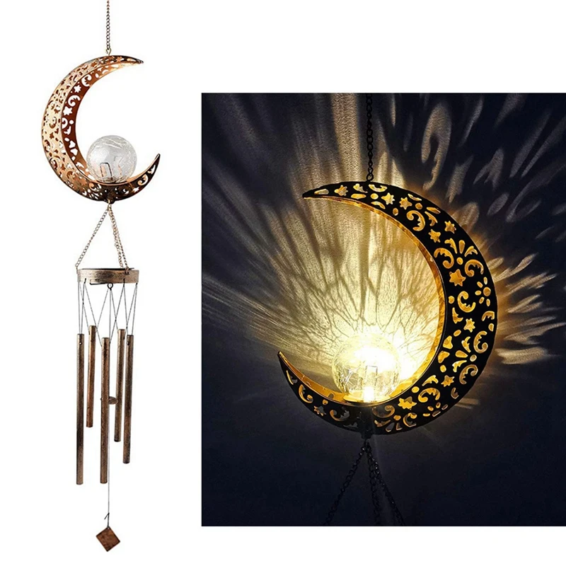 

Moon Wind Chime Lamp Wind Bell Pendant LED Outdoor Solar Wind Chimes Crackle Glass Ball Garden Decor Windchimes