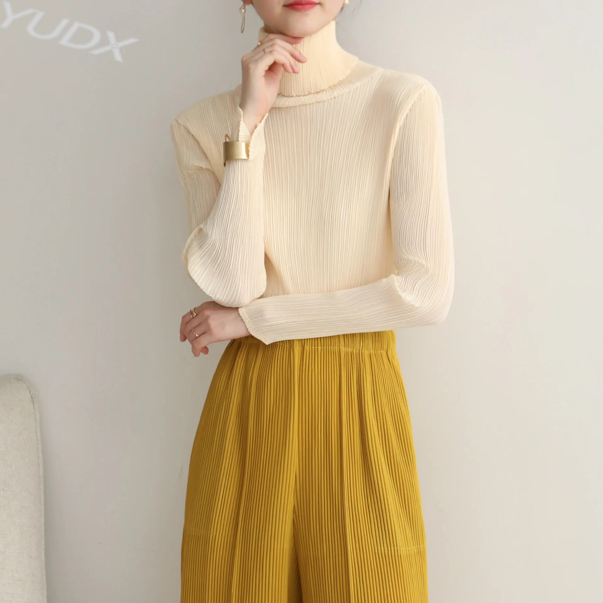 

Женская плиссированная блузка миаке, Однотонная рубашка с длинным рукавом и воротником-шарфом, Осень-зима 2023