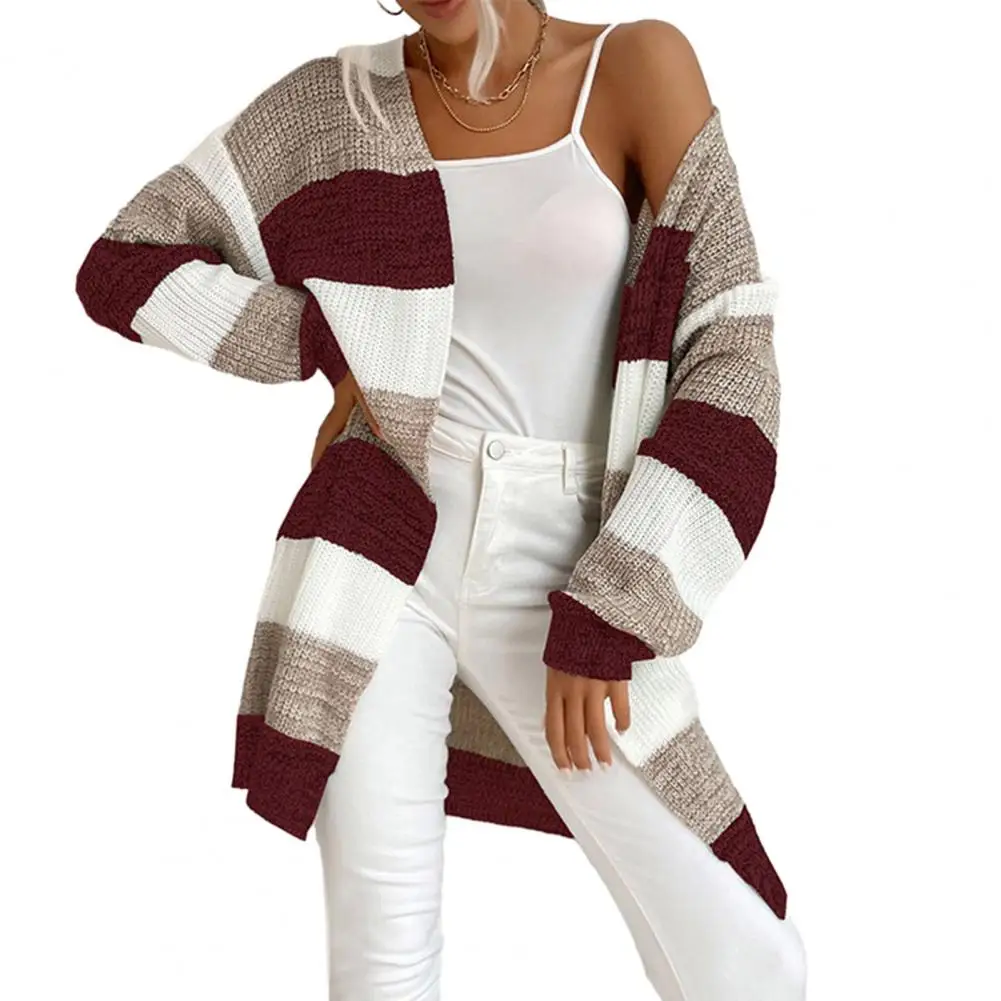 

Loose Fit Jacket Colorblock Knitted Sweater Coat Warm Stylish Women's Fall/winter Outerwear with High Elasticity Loose Fit