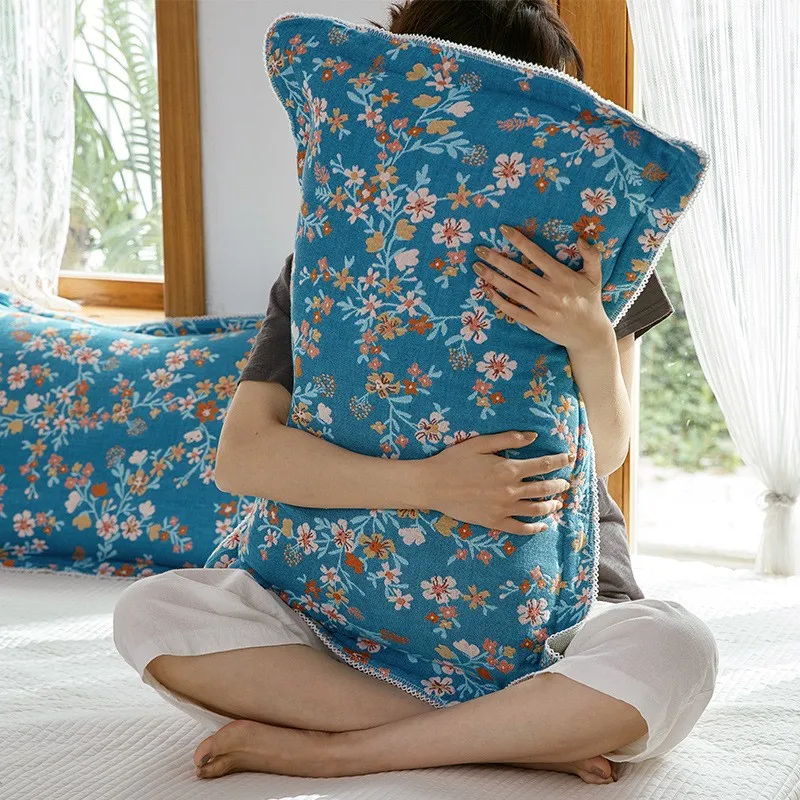 2 PCS Full Cotton Pillowcase Adult Kids Large Size 4 Layers Muslin Cotton Pillowcase Bedding Pillow Case With Lace Bordure