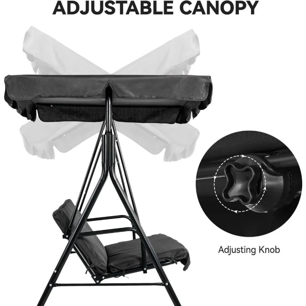 Patio Porch Swing for Adults, 3 Seat Porch Swings with Adjustable Canopy Outside Swing Bench with Removable Cushion, Suitable 3