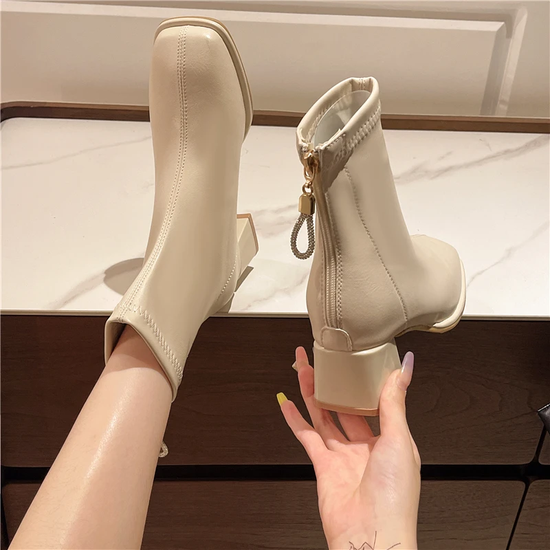 Aphixta Modern Ankle Boots Crystal Back Zip Patent Leather Women 4.5CM High Boots Square Toe Concise Footwear Elegant Women Shoe