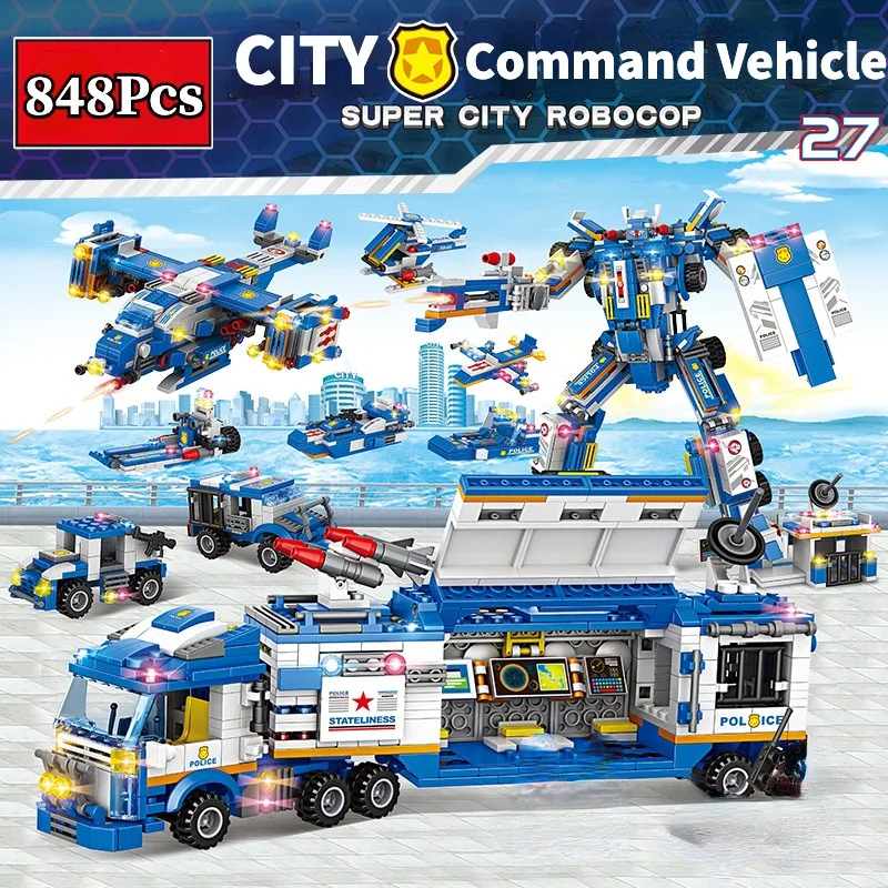 848Pcs City Police Command Trucks Building Blocks Poliziotto Robot Car Helicopter Model Bricks Toys For Kids Birthday Boys Gifts