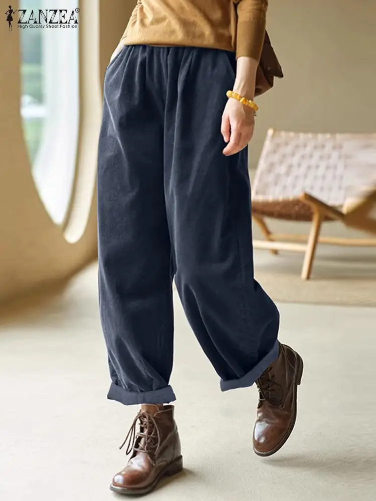 

ZANZEA Vintage Elastic Waist Long Trouser Women Corduroy Harem Pants Casual Loose Autumn Straight Pants Korean Pocket Retro Pant