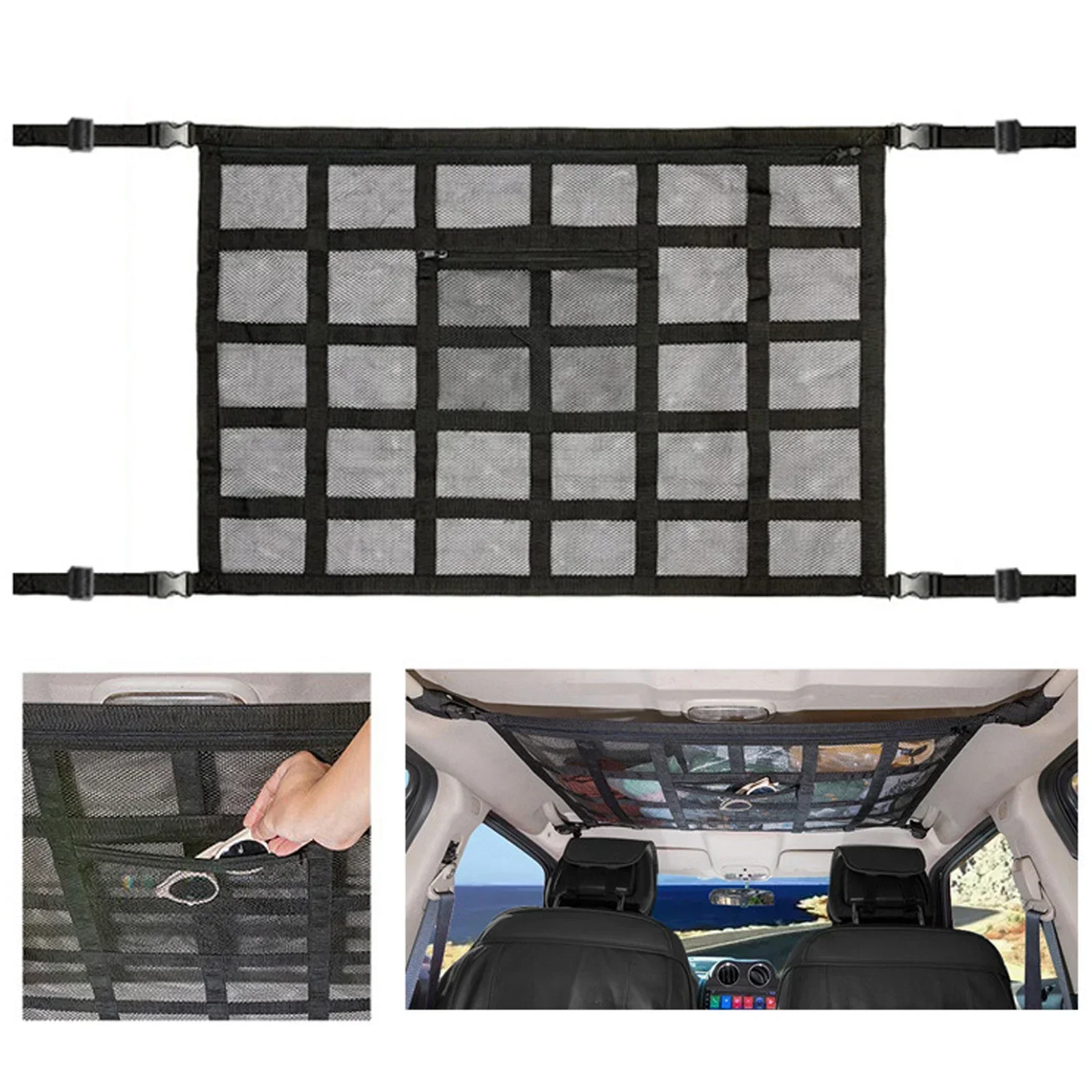 New Car Ceiling Roof Interior Cargo Zipper Adjustable Net Storage Net Bag Sundries Organizer Mesh Pocket For Van SUV Universal