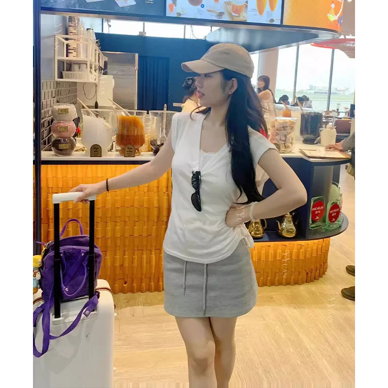 임산부 여름 얇은 반팔 V넥 슬림핏 모달 티셔츠와 스커트 투피스 세트 스몰 사이즈 한국 스타일 퓨어 컬러