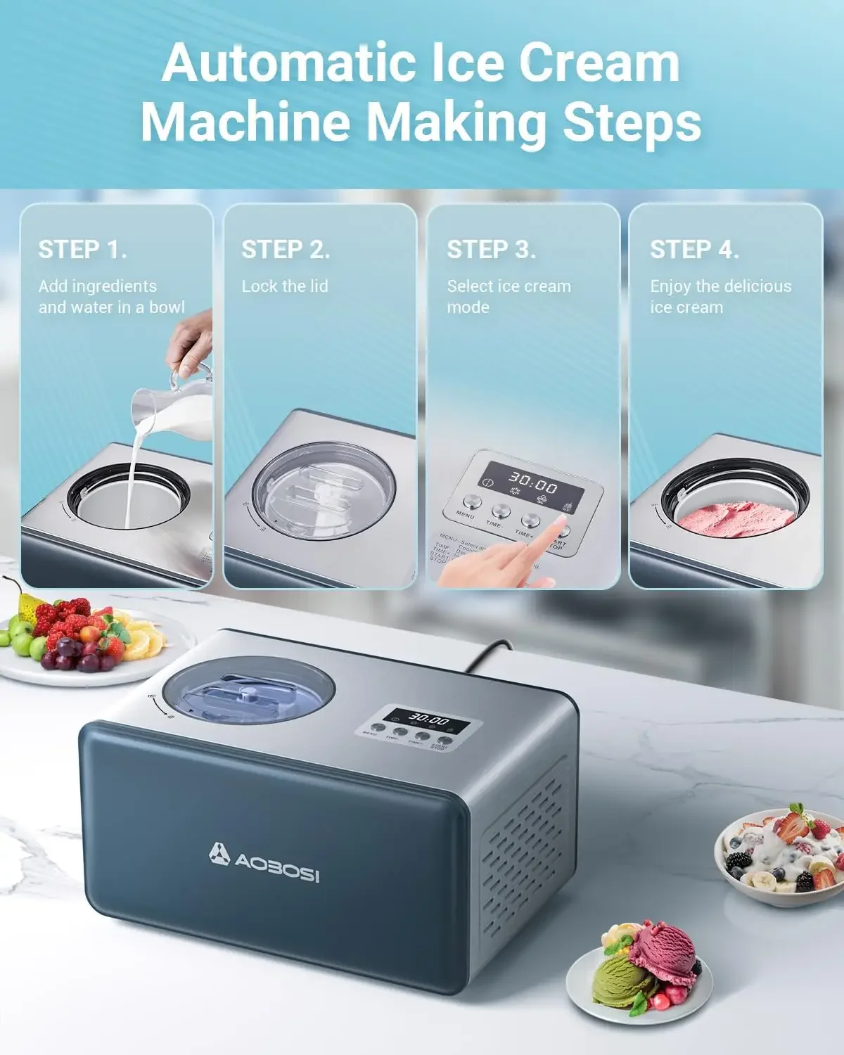2.2 Quart Ice Cream Maker Machine with 4 Modes,No Pre-Freezing with Built-in Compressor,Frozen Yogurt,Home Ice Cream Mak