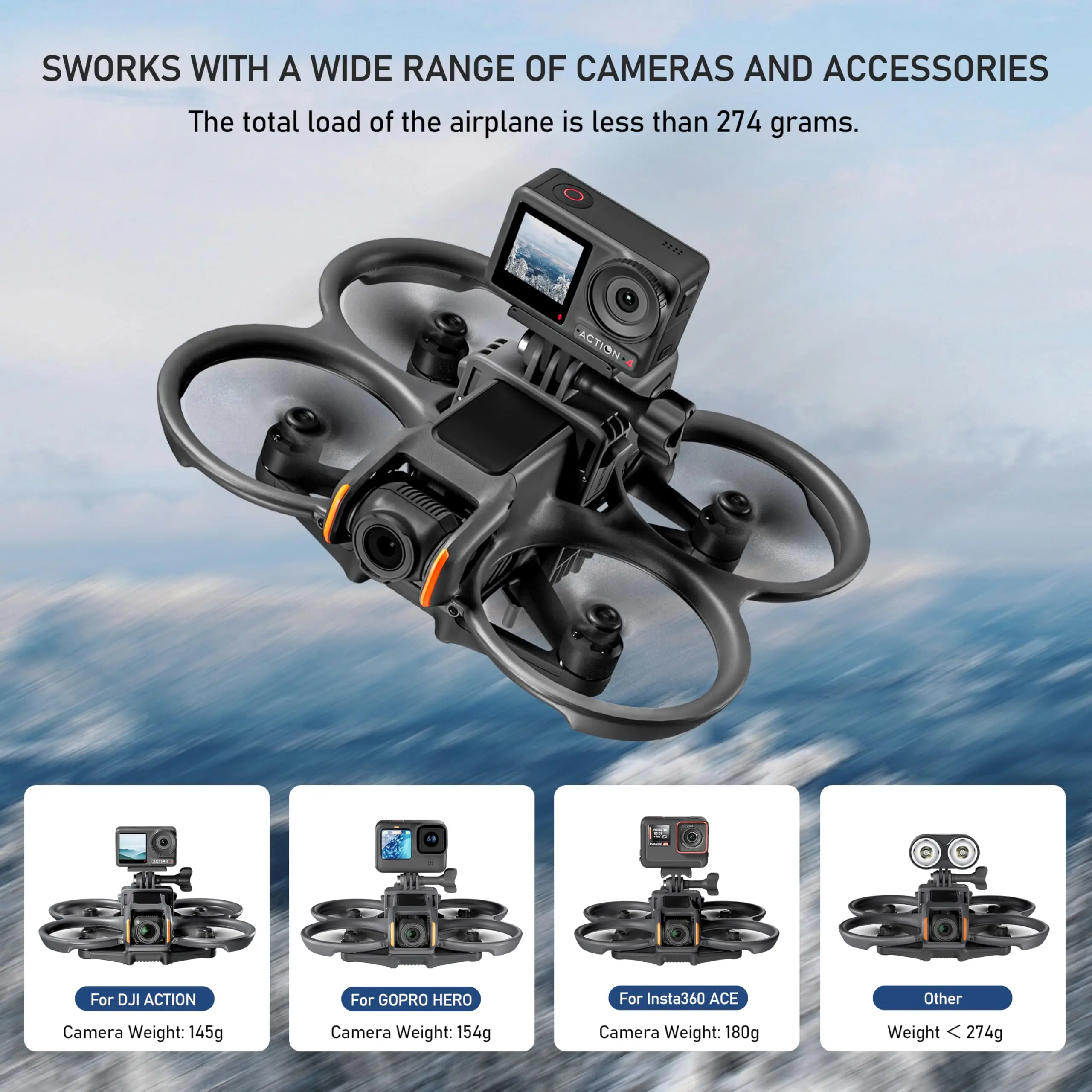 Gros plan sur le Support Lumière pour DJI Avata 2 montrant le mécanisme de fixation rapide, idéal pour caméras action 360.
