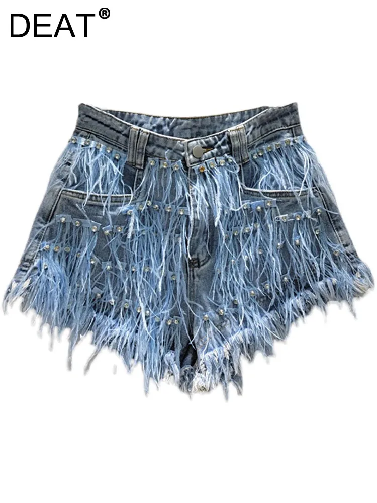 

DEAT Women's Denim Shorts High Waist Diamonds Blue Feathers Burrs Pockets Wide Leg Short Pants 2024 Summer New Fashion 29L1576