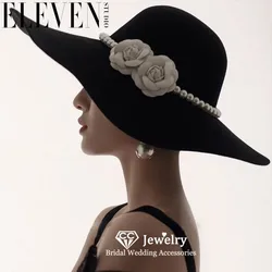 CC Elegant Hats for Wedding Women Accessories Engagement Hair Ornaments Bridal Dress Camellia Imitation Pearl Black Caps M010