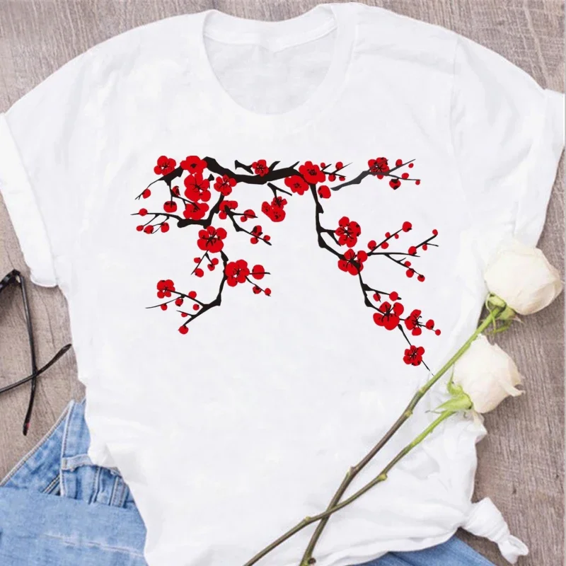 

Женская футболка с забавным цветочным графическим принтом, Повседневная футболка с коротким рукавом, новая модная футболка в китайском стиле, топы для девочек 90-х годов, футболка