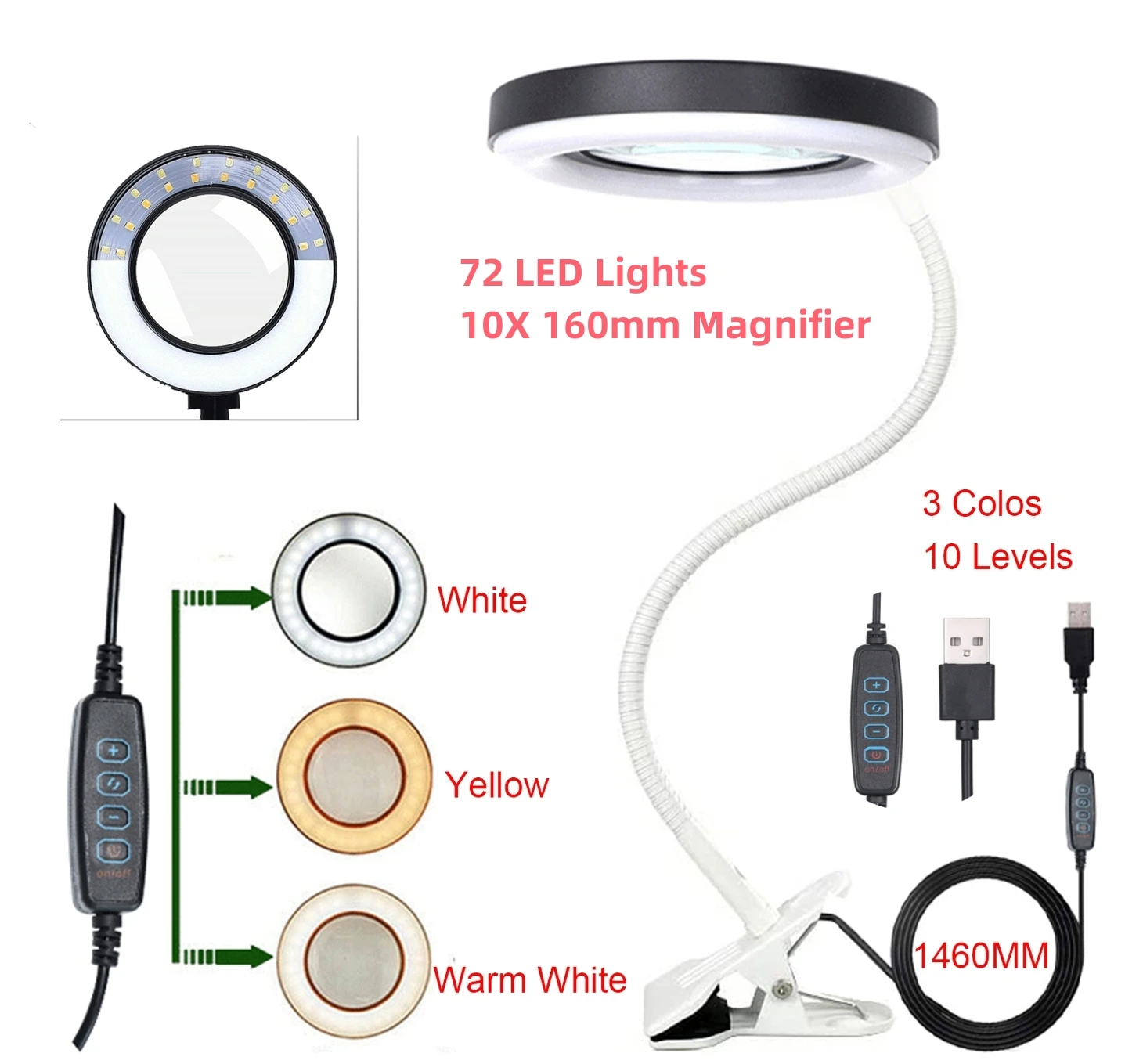 10X Magnifying Glass with Light, Lighted Magnifying Glass Magnifying Lamp 3  Color Modes Stepless Dimmable, 72 LEDs Real Glass Lens Magnifier with Light  and Stand for Close Work, Repair, Reading, Craft