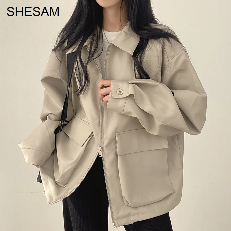 Женская Короткая кожаная куртка с длинным рукавом большие карманы | одежда