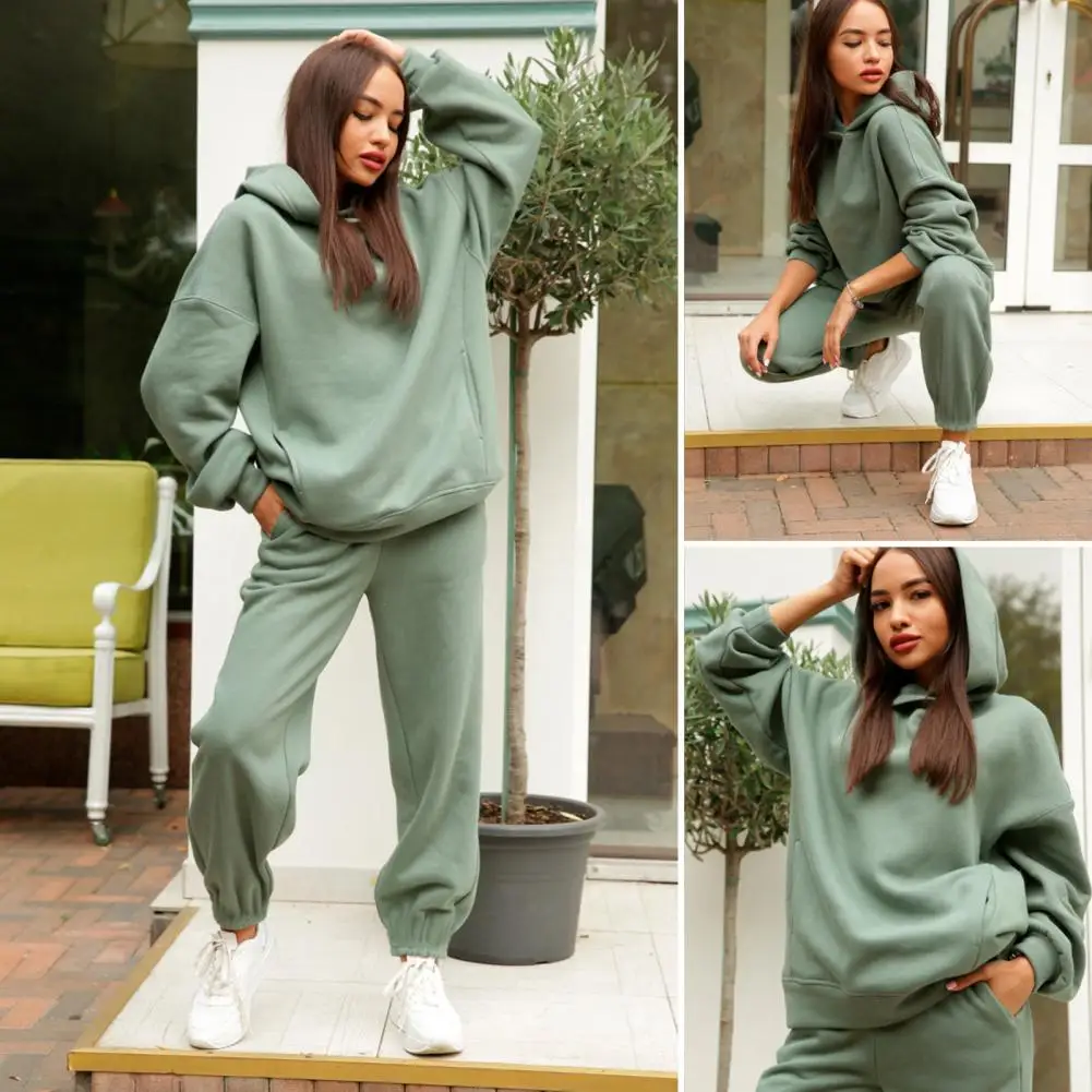 2 Pcs/Set Stylish Autumn Tracksuit Pullover Women Autumn Tracksuit Hooded Casual Deep Crotch Autumn Tracksuit  Keep Warm lw cable knit pants suits autumn winter thickened sweater two pieces solid casual dropped shoulder keep warm teddy pants set