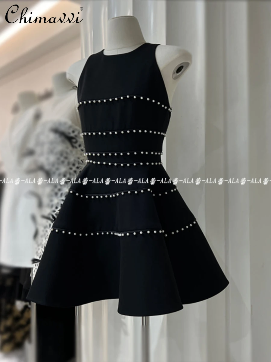 

2024 Summer New Heavy Industry Pearl Trim Short Dress for Women French Fashion Round Neck Sleeveless Slim Elegant Lady Dress