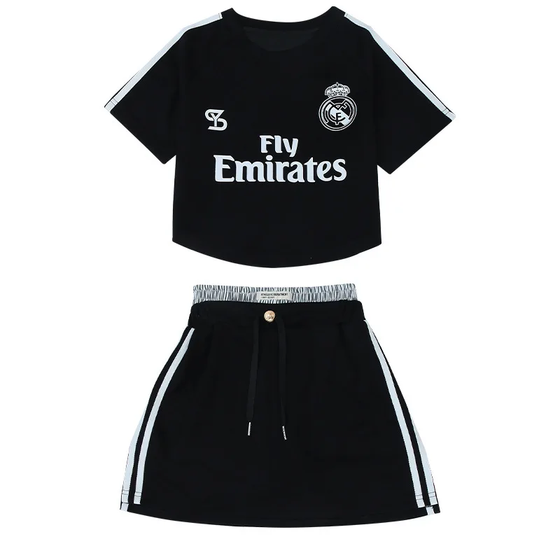 

Girls Summer Clothes New Casual Crewneck Letter Print Top T-shirt + Elastic Waist Skirt 2pcs Fashion Streetwear Outfit Set 4-14Y