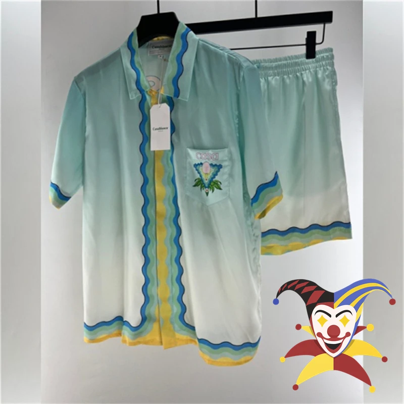 

Soft Silk Casablanca Shirt Gradient Casual Couple Hawaiian Short Sleeve Shirt Men Women