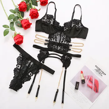 Lencería Sensual con cadena para mujer, conjunto erótico transparente, ropa interior de lujo, 2 piezas 6