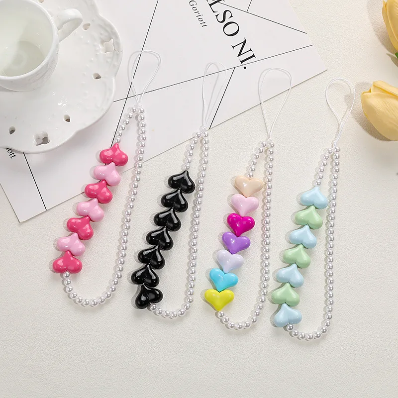 Cute Love Heart Beaded Mobile Phone Chain Women Girls Cellphone Case