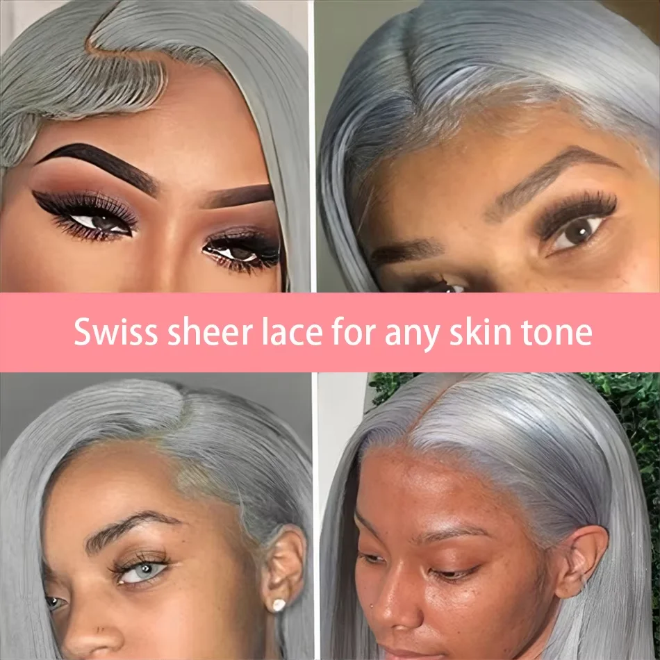 Grey Bob Human Hair Wigs Lace Front Silver Grey 13X4 Lace Frontal Bob Wig Pix Cut Straight Colored Human Hair Wigs 200% Density