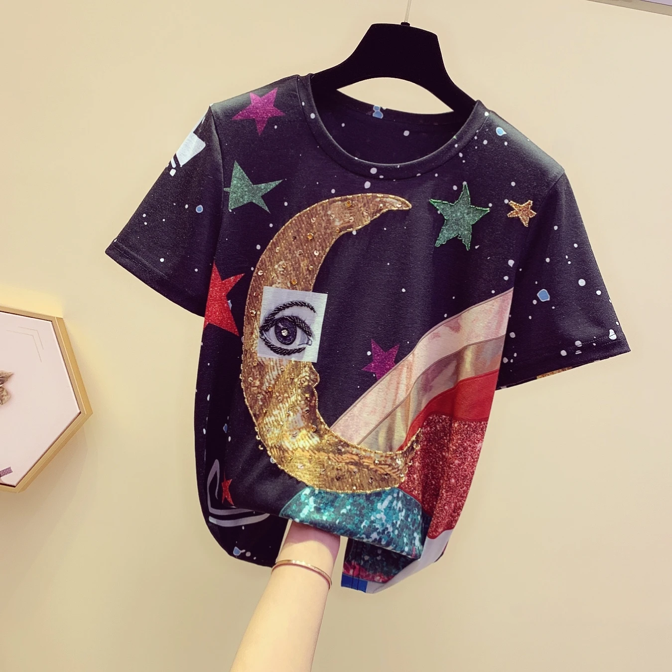 

Fashion Diamond Print Short-Sleeved T-shirt for Women 2024 Summer New Loose Black Round Neck Heavy Industry Beads Top Tees