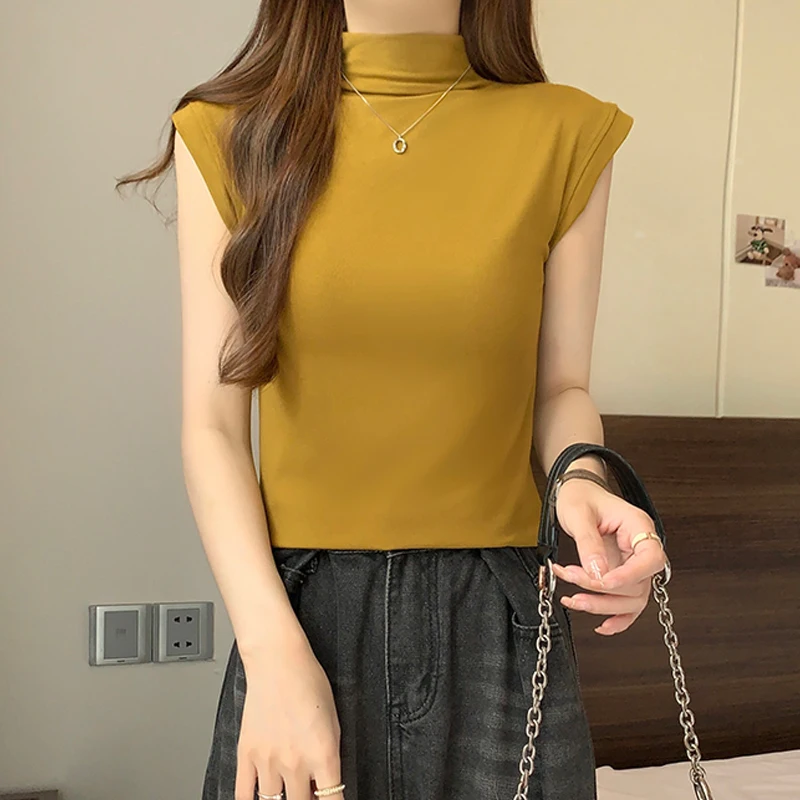 

Summer Turtleneck Bottom Blouse Women Fashion 2023 Casual Sleeveless Casual Shirts Solid Elegant Slim Ladies Tops Blusas 27940