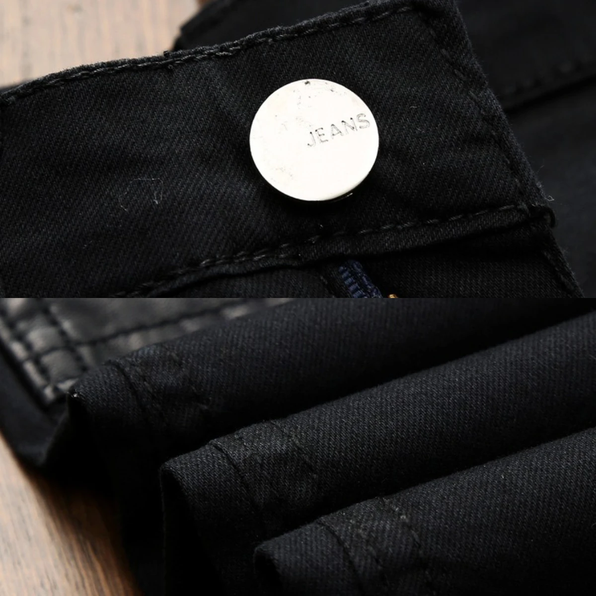 Men's Leather Knee Zipper Jeans Geometric Shape Straight Tube Cotton Soft Elastic Slim Fit Deep Black Pants 2024 High Elasticit