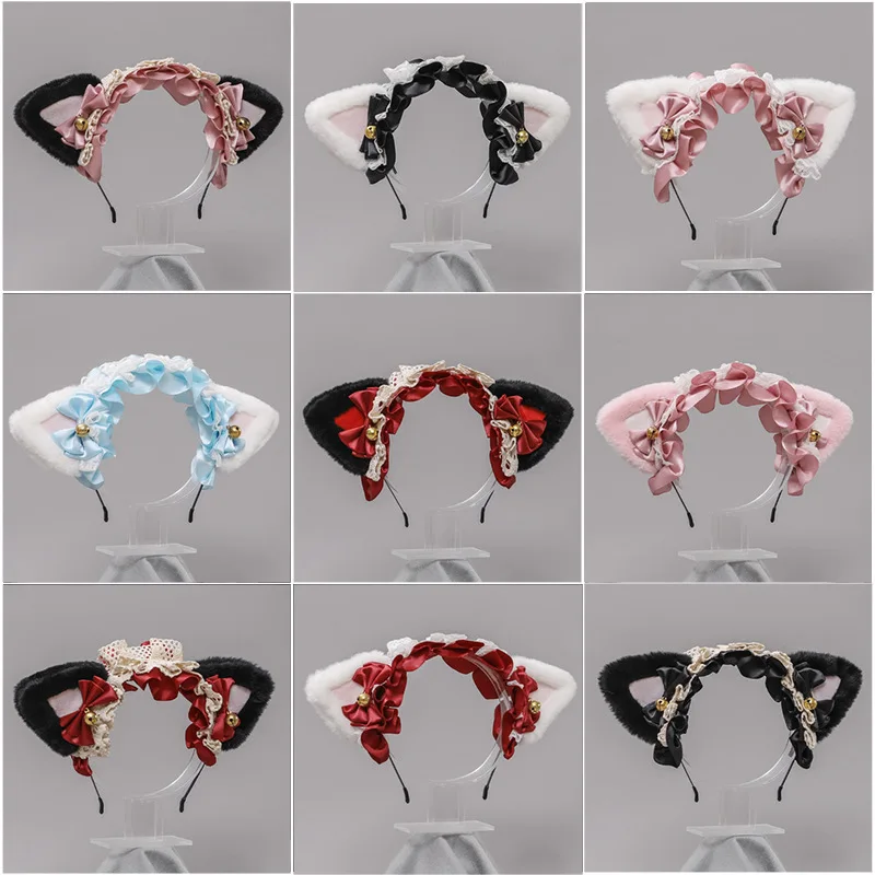 Lolita Kawaii Maid Haarband Frauen Mädchen Rüschen Spitze Haarband Katzenohren Band Glocke Stirnband Cosplay Party Haarschmuck – Detail 1