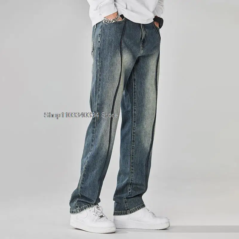 

New Loose Straight Jeans Men's Tide Brand Make Old Water Wash Retro Wide -legged Pants jean bleu clair