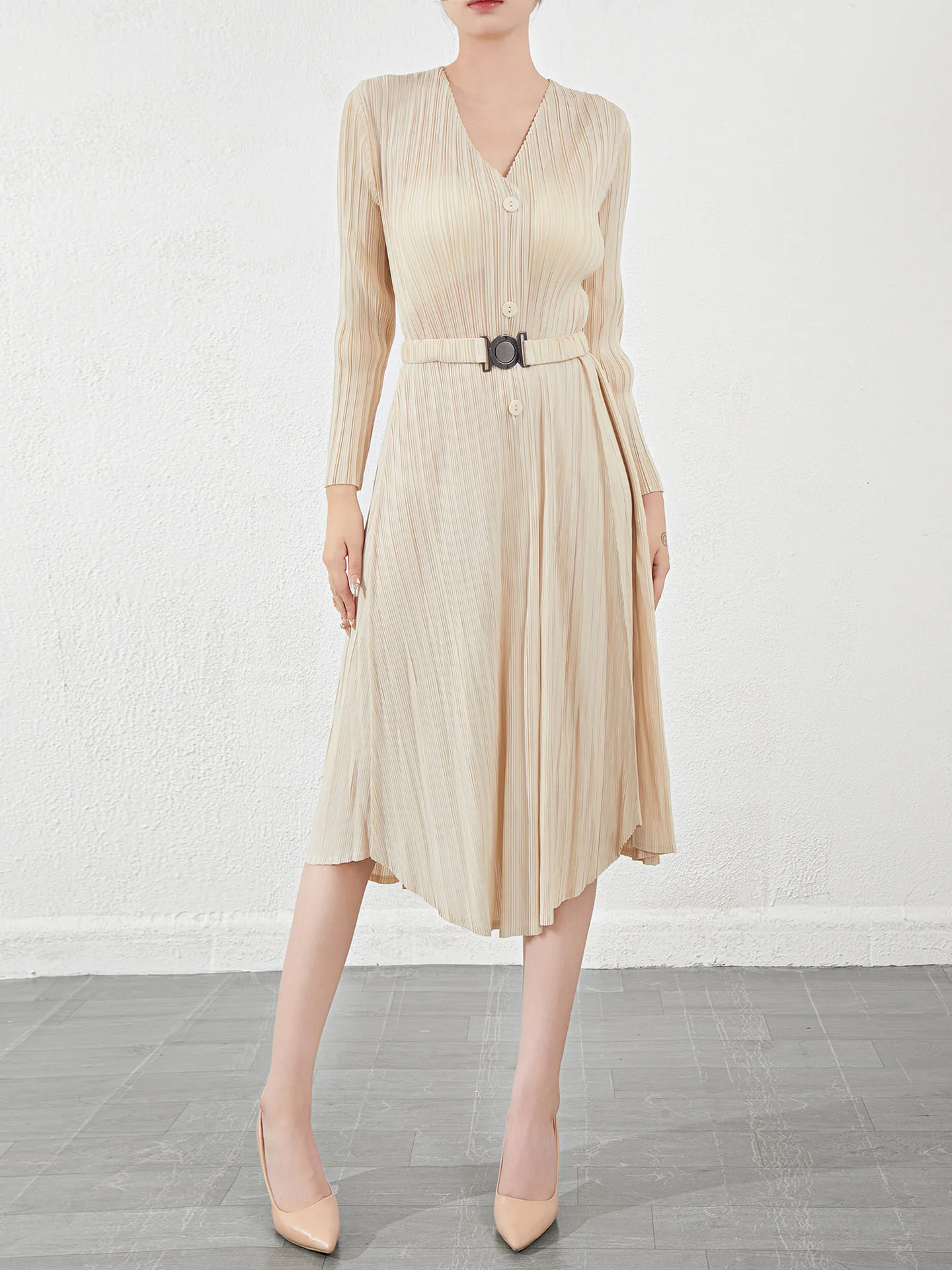 

Плиссированное Платье с длинным рукавом, новинка весны и осени 2023, Элегантное Длинное Платье с V-образным вырезом и высокой талией