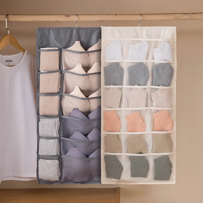 Beige Bedroom Closet Underwear Storage Bag Household Wall-Hanging Double-Sided Storage Fabric Bra Socks Briefs Organizer Rack 2