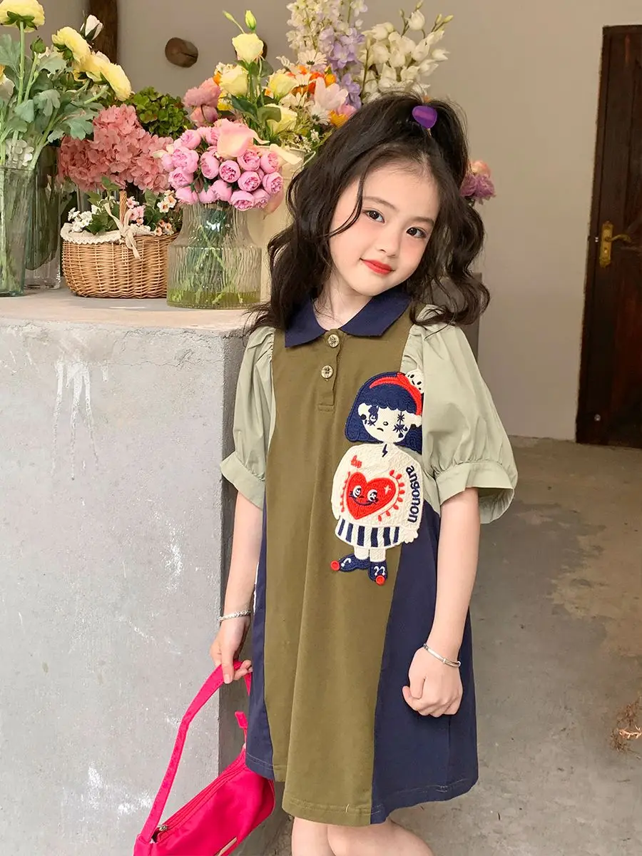 

Girls' New Summer Clothes Polo Collar Contrasting-Color Dress 2023 Summer Short Sleeve Children T-shirt Skirt Straight Skirt