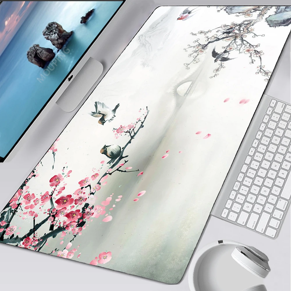Cherry Blossom Art Mouse Pad Japan Sakura Card Black Table Mat Big Mousepad Gamer Carpet Gaming Keyboard Mouse Mats Accessories