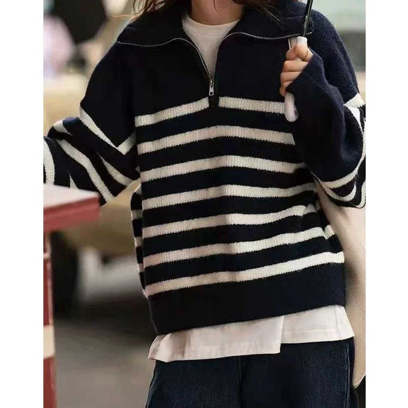 Autumn and Winter New Lapel Zipper Semi-open Placket Women's Long-sleeved Sweater Fashion Loose Casual Striped Knitwear Top