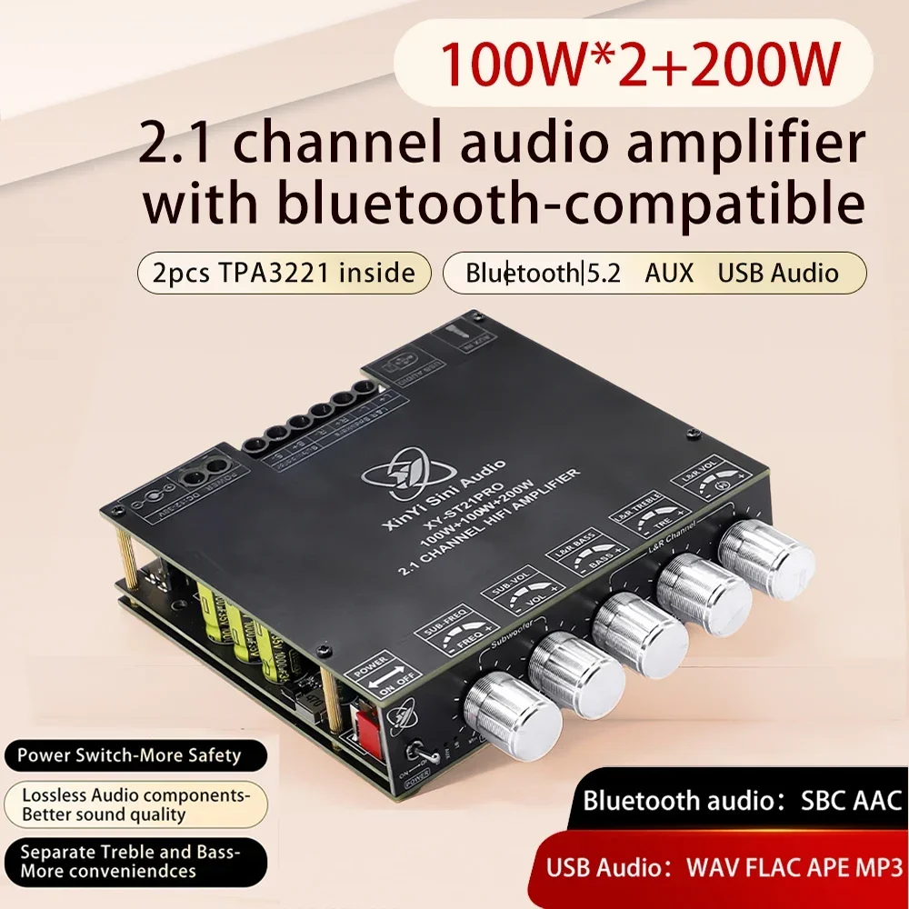 2*100W+200W TPA3221 Bluetooth Power Amplifier Board 2.1 Ch Class D USB Sound Card Subwoofer Theater Audio Stereo Equalizer Amp 2
