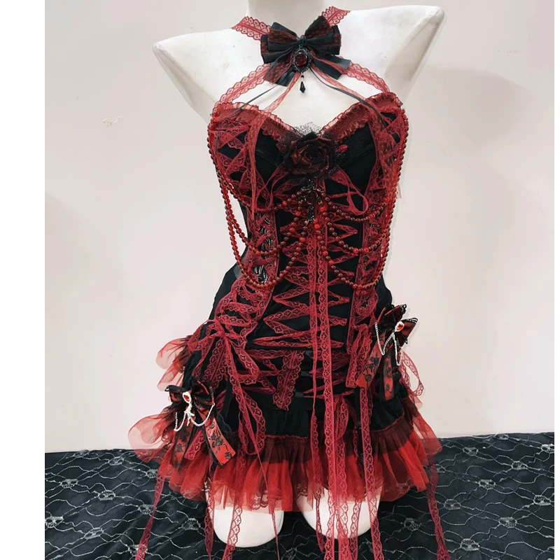 Red Lace Beaded Top and Skirt 1