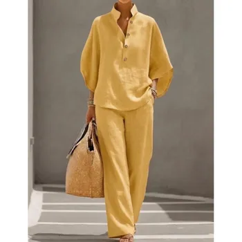 Fashion Cotton Linen Button Stand Collar 9 Quarter Sleeves Loose Women's 2-piece Suit Spring Casual Wide Leg Pants Suit Female 1