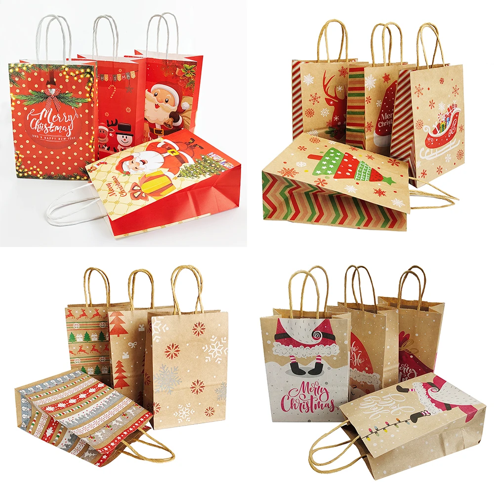 4Pcs Christmas Paper Bags Christmas Gift Bags Santa Claus Elk Bell