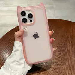 Adorable 3D Cat Ear Kawaii Phone Case - Soft Matte Transparent Cover - iPhone 12 Pro Max (Pink)