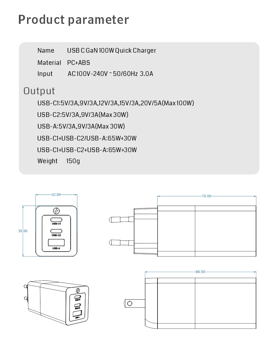 100W GaN Charger USB Type C Fast Wall Chargers PD100W Laptop Adapter for Macbook Tablet Pixel Samsung S23 Ultra iPhone 15 12 pro