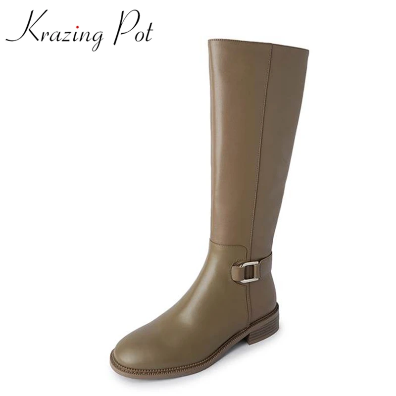 

Krazing Pot Full Grain Leather Concise Round Toe Winter Warm Knight Boots Med Heels Gladiator Square Buckle Ins Thigh High Boots