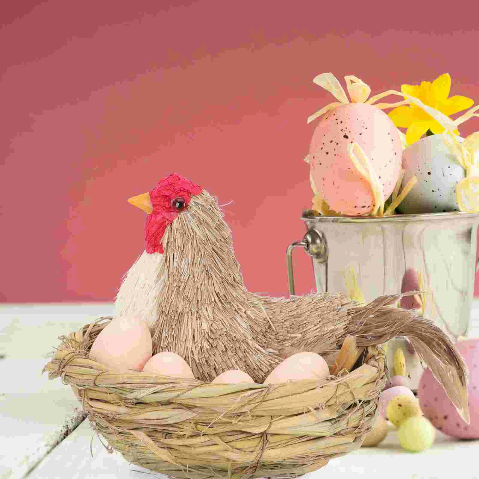 

Easter Hen Push Grass Small Eggs Handicraft Decoration Pastoral Style Chicken Hatching Egg Weaving Hen Plus Eggs Plus Grass Nest