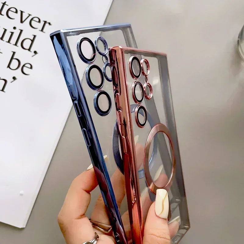 

Роскошные Магнитные прозрачные чехлы для телефонов Magsafe для Samsung Galaxy S23 Ultra S22 Plus, мягкий чехол из ТПУ с покрытием, аксессуары для крышки объектива