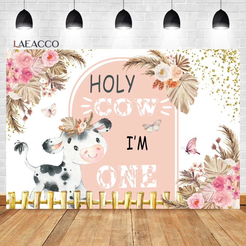 Laeacco Holy Cow Baby Shower Backdrop Highland Dairy Cattle Floral Grass Western Farm Birthday Portrait Photography Background