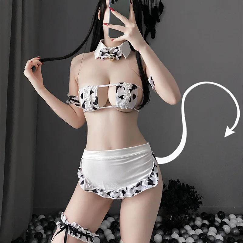 Sexy Strappy Hollow Out Cow Maid Uniform Erotic Cosplay Costume Lingerie Three-point Clothes for Sex Porno Women Stockings Set