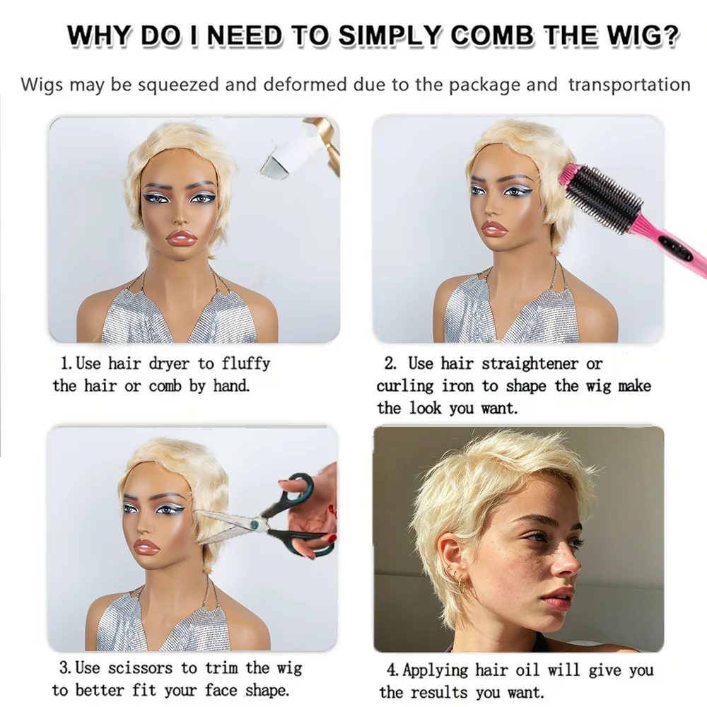 6 Inch Pixie Cut Human Hair Wig for Women, Short Blonde Color Straight Pixie Cut with Bangs, Full Machine-Made Rose Net Cap, Short Layered Wig Suitable for Holidays