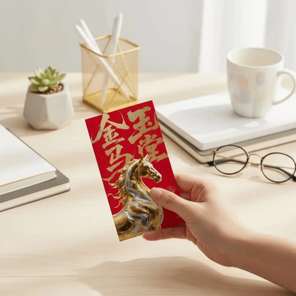 6pcs Chinese 2026 New Year Red Envelope Cartoon Bronzing Horse Year Money Envelope Glitter Frosted Blessing