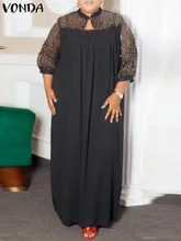 

Casual Dress Sexy V Neck Pleated Robe VONDA Women Baggy Vestido Casual Patchwork A-Line Long Sleeve Dress Oversized Sundress