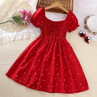 Robe courte à manches courtes en dentelle rouge à col carré décontractée et douce pour les petites filles - Convient aux filles de 4 à 7 ans en été 6