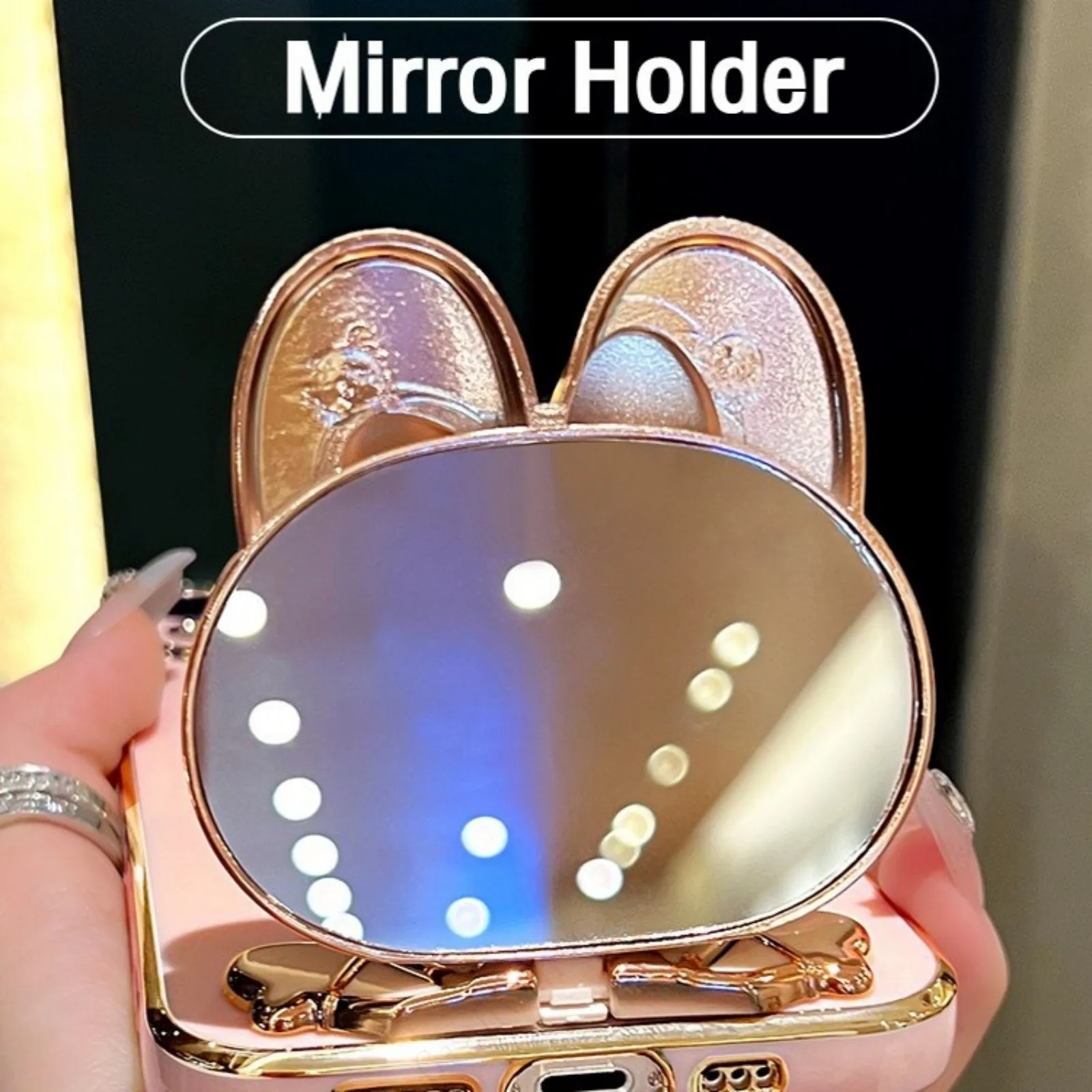 Bunny Mirror Holder Silicone flower Strap Plating Phone Case For iphone 15 14 12 Max MiNi 11 13 Pro X XS XR 7 8 + SE_voghion.com